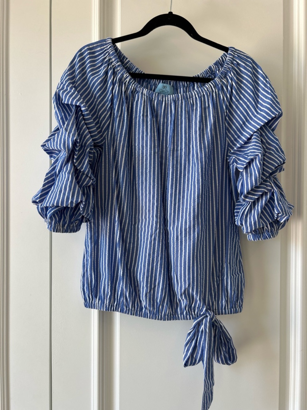 CeCe Blue and White Striped Ruffle-Sleeve Tie-Hem Top